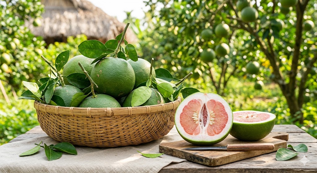 Thu-hoach-buoi-da-xanh-ruot-hong-tai-vuon