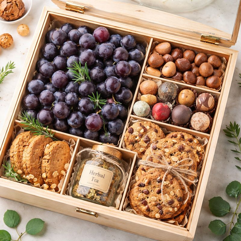 Mẫu Fruit box kết hợp trái cây, hạt dinh dưỡng và bánh ngọt cao cấp.