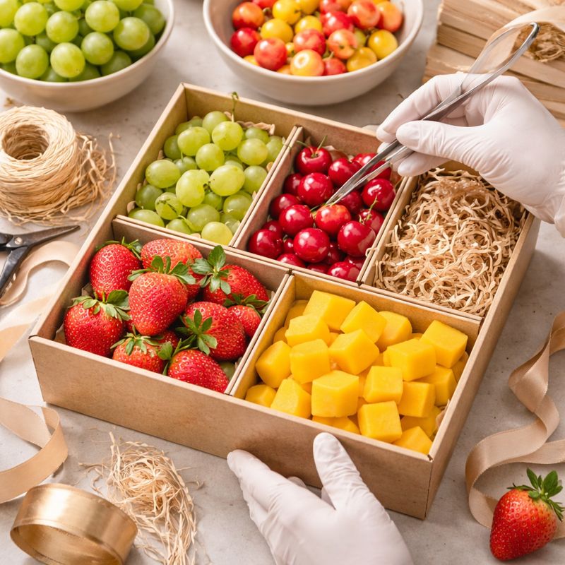 Quy trình nghệ thuật setup từng quả tươi vào Fruit box hoàn hảo.