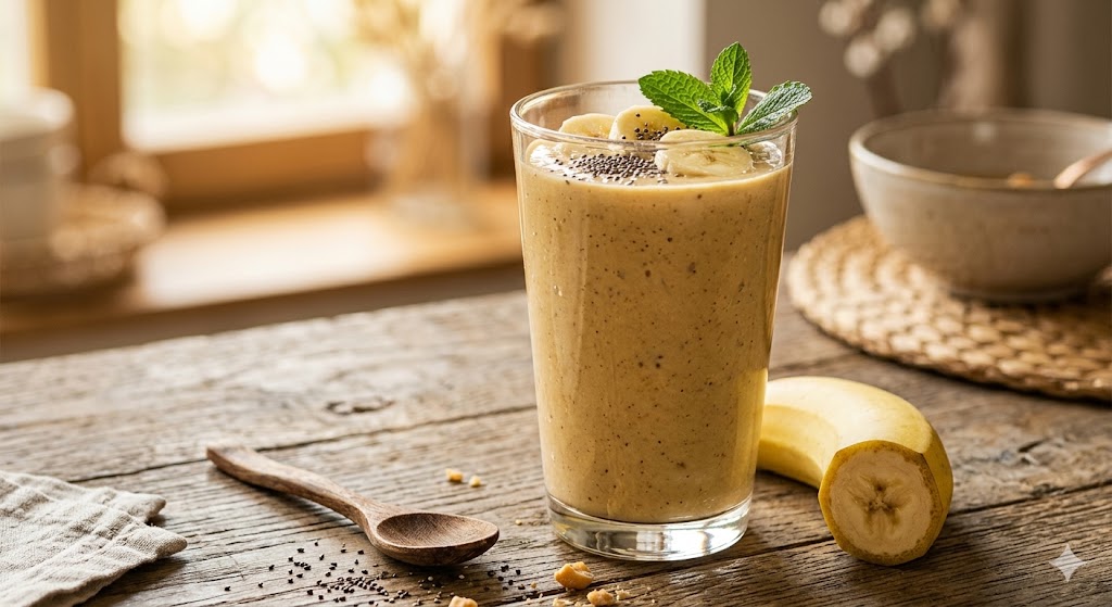 Ly sinh tố làm từ quả chuối tươi và bơ đậu phộng thơm ngon, bổ dưỡng cho bữa sáng.