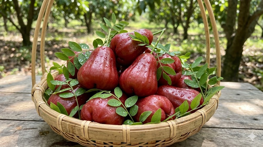 Hình ảnh giỏ mận An Phước đỏ sẫm mọng nước vừa được thu hoạch tại vườn