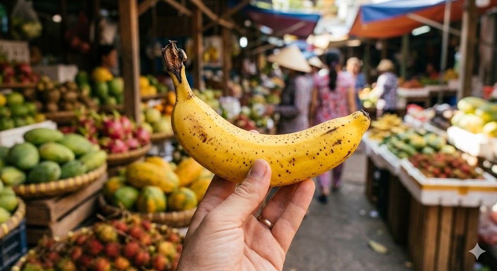 Hướng dẫn cách nhận biết quả chuối chín cây tự nhiên với những đốm đen trứng cuốc trên vỏ.