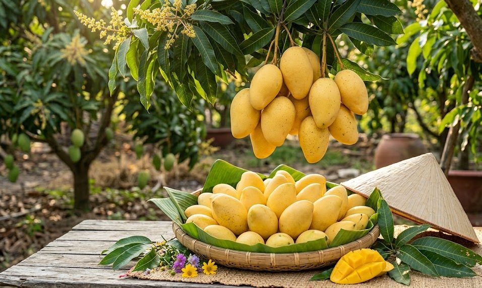 Hình ảnh thu hoạch xoài cát Hòa Lộc chín mọng chính gốc tại vườn