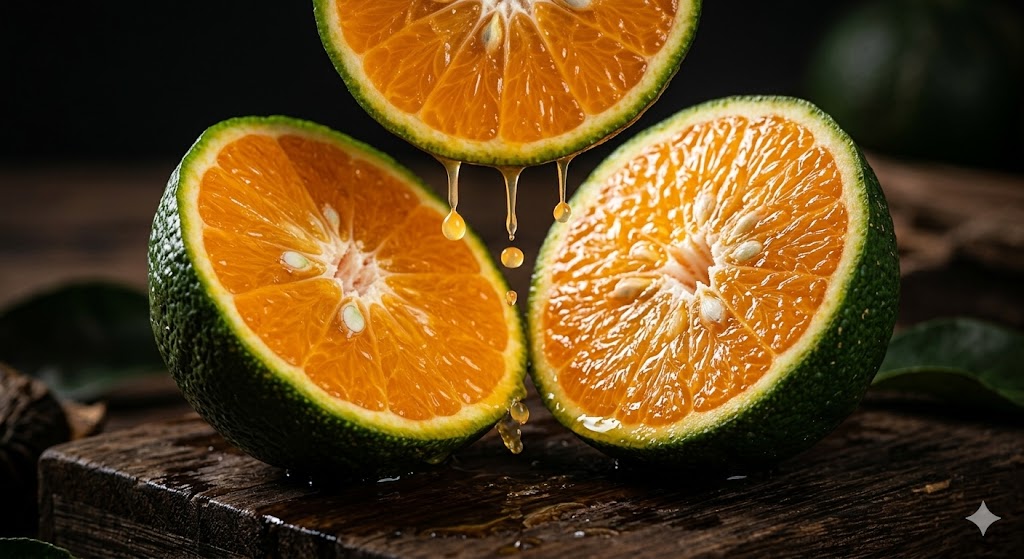 Bổ đôi quả cam sành vỏ xanh lộ ra lớp thịt màu cam rực rỡ và mọng nước.