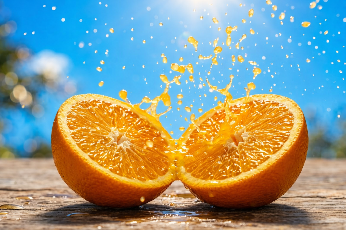 Cắt đôi quả cam tươi mọng nước, giải khát và cung cấp năng lượng.